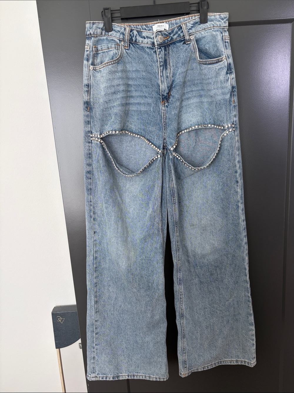 Forever 21 Light Blue Wide-Leg Jeans with Rhinestone Knee Cutouts